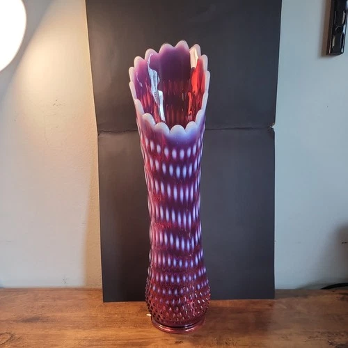 RARE MCM Fenton Plum Opalescent Hobnail 15+ inches  Swung Vase