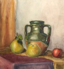 Vintage impressionist watercolor painting still life with jug and fruits