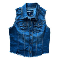 Maurices Womens Collared Frayed Hem Denim Sleeveless Blue Vest Size Xl