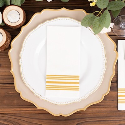 20 White Gold Metallic Lines Design Airlaid Paper NAPKINS Party Home Decorations