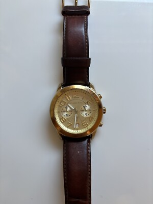 MICHAEL KORS MK-2251 Watch Brown Leather Band Gold Face Pre-Owned needs battery