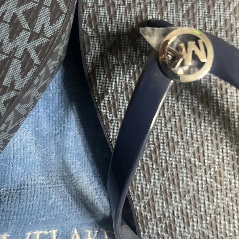 Sandalia chancla Michael Kors Bedford MK Logo Plataforma Cuña Talla 10 Azul Marino Foto 2 de 4