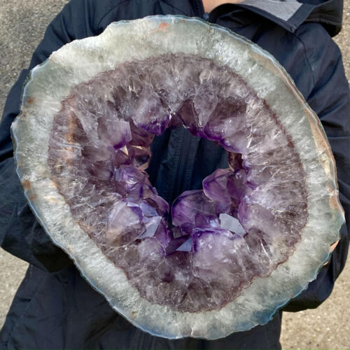 10,2 Pfund natürlicher Amethyst Höhle Kristall Scheibe halbmondförmig handgeschnitten Repai - Bild 1 von 13