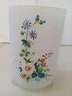 Vintage Translucent Milk Glass Vase or Candle Holder hand painted flowers .