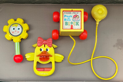 Three Vintage Infant Toddler Toys Flower Rattle, ClickClack Duck, PeekABoo Block