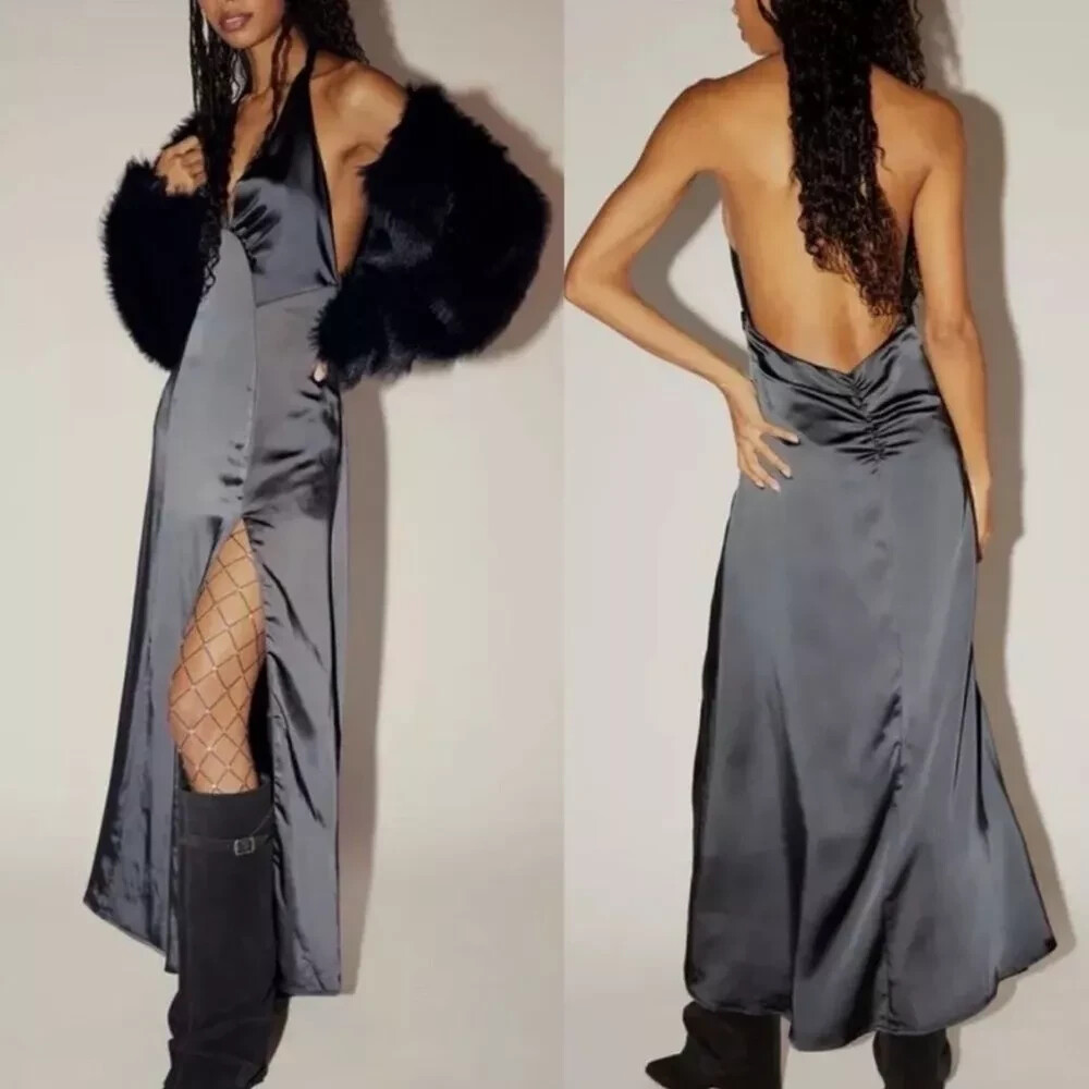 free people black satin dress Free People cooper satin midi slip dress in black