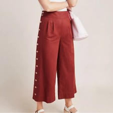 Anthropologie Buttoned Wide Leg Linen Cotton Pants in Rust Size 4