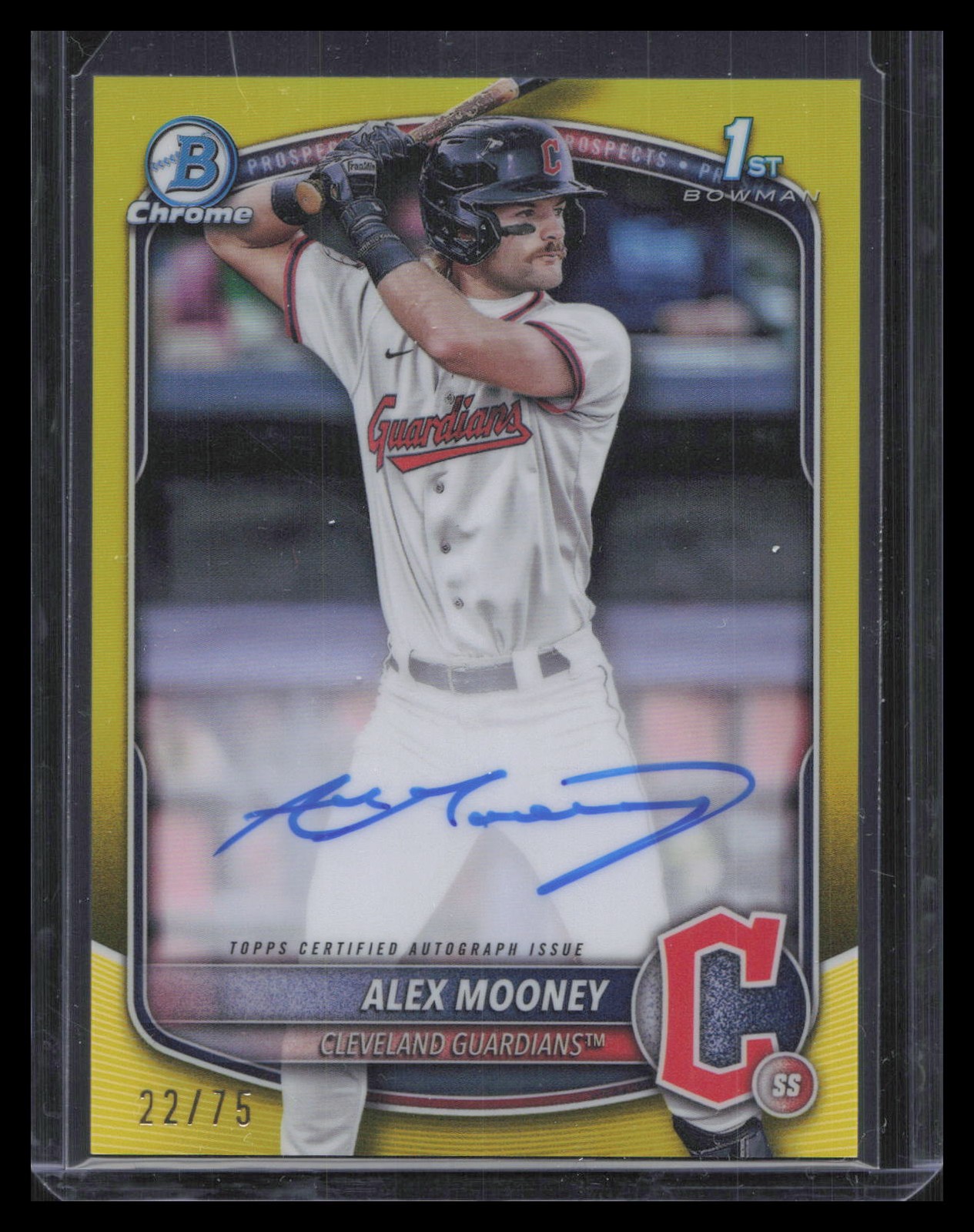 2025 Bowman #CPA-AM Alex Mooney Chrome Prospect Autographs Yellow Refractor #/75