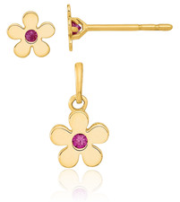 14K Solid Yellow Gold CZ Flower Stud Earrings Necklace Set