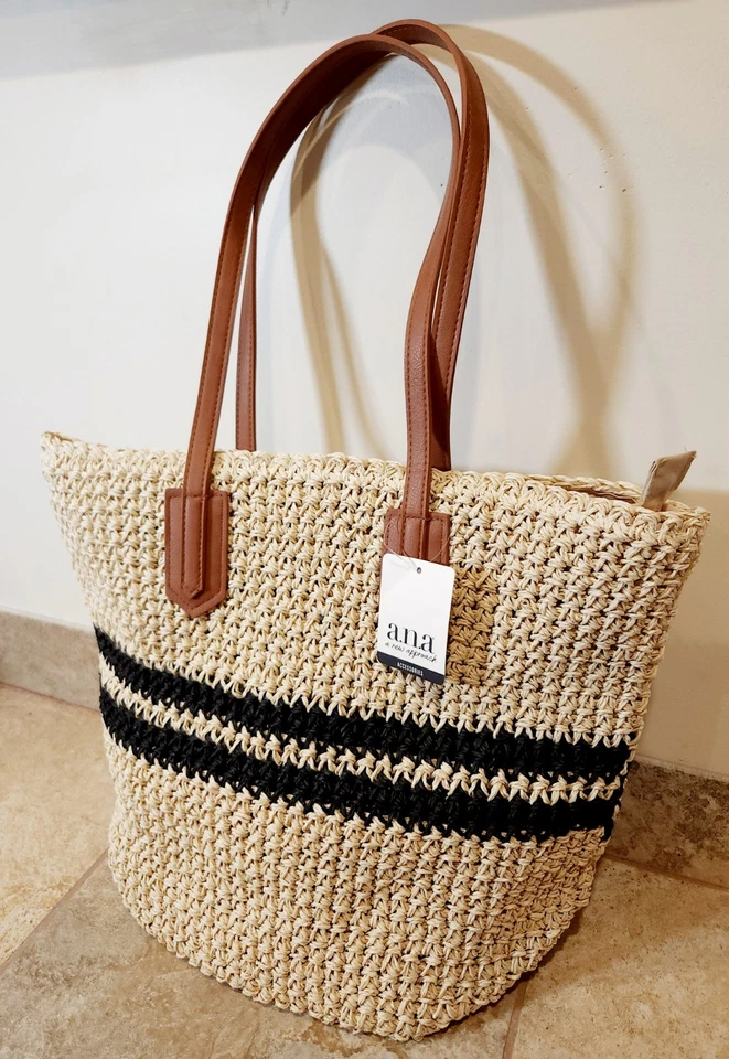 A.n.a | Beige Paper Straw Brown Leather Handle Stripe Large Beach Tote Bag NEW! - Image 2 of 4