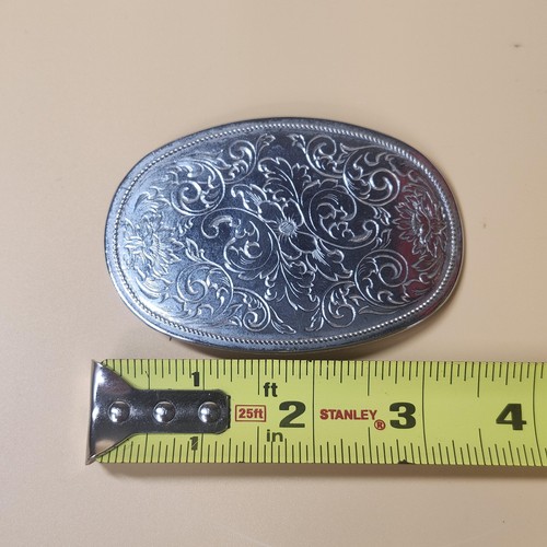 Vintage Western Silver Tone Oval Floral Engraved Belt Buckle Cowboy Rodeo 3 Inch - Picture 7 of 7