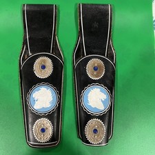 Vintage Cap Gun Holsters Black with Metal Conchos with Blue Stones Horse Head