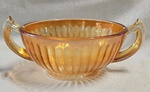 Vintage Ribbed Marigold Carnival Glass Two Handles Bowl Iridescent 2.25" x 4.75"