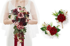 Elegant Wedding Bouquet Set with Red Rose Corsage  Boutonniere