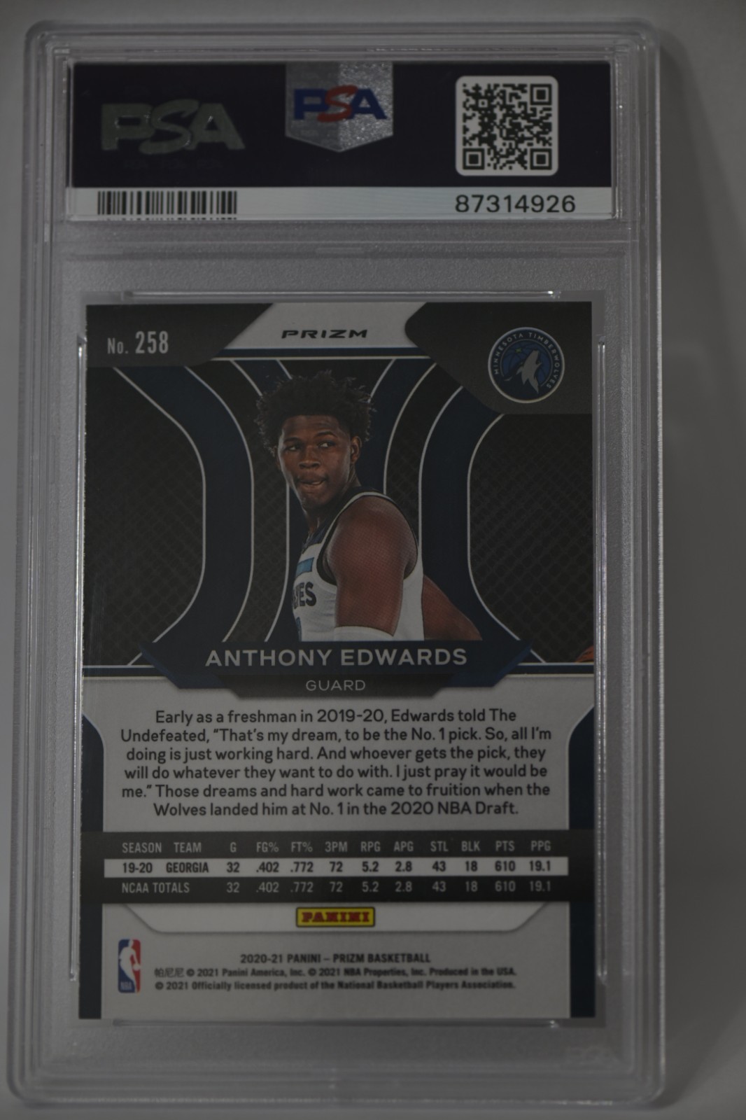 2020-21 Panini Prizm Anthony Edwards Silver Prizm #258 Rookie PSA 10 view 2