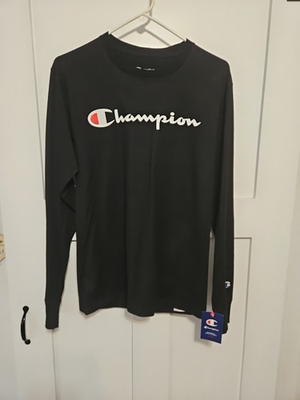 #ad Champion Athleticwear Long Sleeve Spell Out T Shirt Men#x27;s S Black Crew Neck NEW $12.49