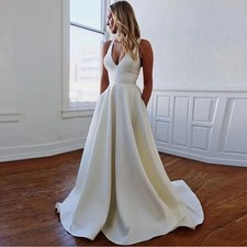 Elegant White Satin Wedding Dresses with bow V Neck Sweep Train Bridal Gowns