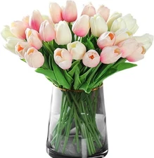 20pcs White Faux Tulips Flowers Fake Flowers Bouquets 13.5"
