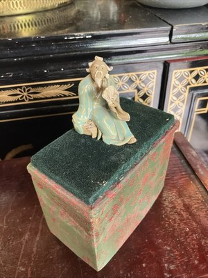 Antique Chinese Clay Mud Figure On top Of Box Vintage Oriental Asian Decor