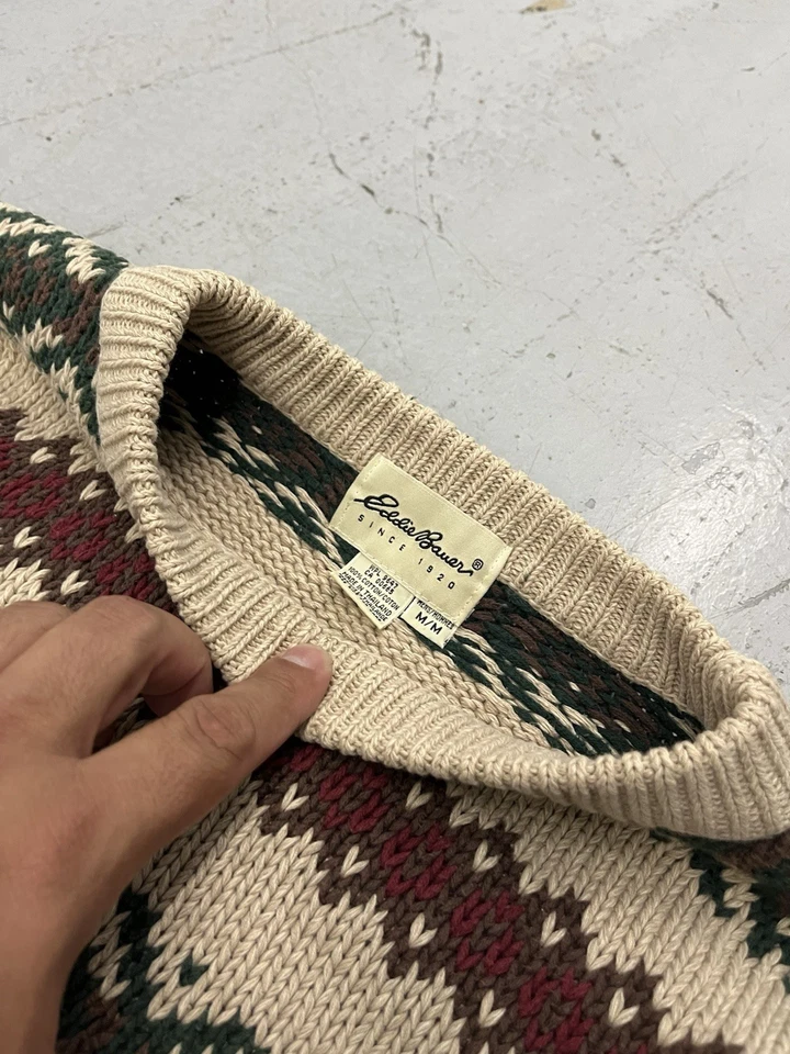 Vintage Eddie Bauer Fisherman Knit Fair Isle Sweater MEDIUM Y2K Pattern Khaki - Image 2 of 4