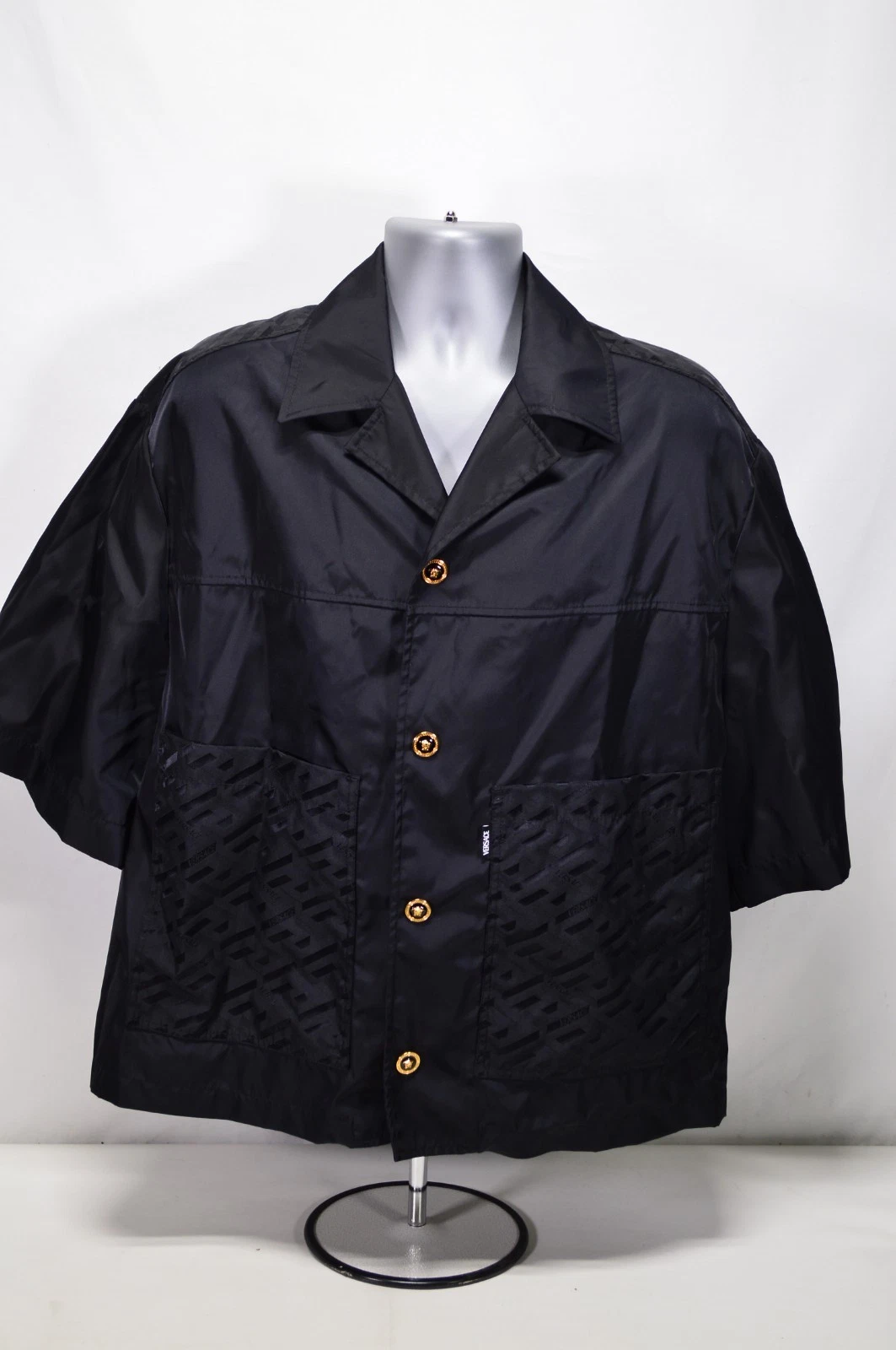 Versace — Versace Mens Black Short Sleeve Shirt Allover Print w/ Medusa Buttons Size 52