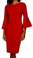 CALVIN KLEIN RHINESTONES BELL SLEEVE SHEATH DRESS, RED, SIZE 8 NWT