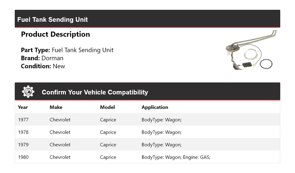 Unidad de envío de tanque de combustible Dorman para Chevrolet Caprice Wagon 1977-1980 1978 1979 Foto 2 de 4