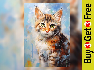 Tabby Kätzchen auf blauem Hintergrund Ölgemälde Druck Kunstdekor 5 Zollx7
