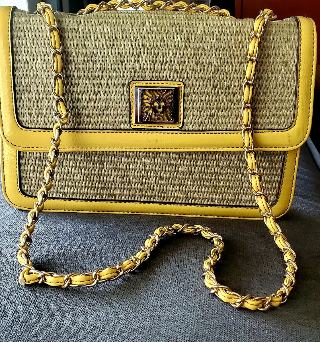 NWT Anne Klein Straw with Yellow Trim Purse Gold Chain Strap