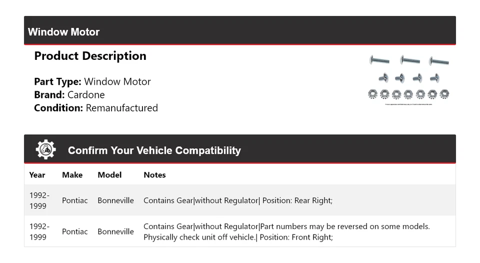 Para Pontiac Bonneville 1992-1999 Ventana Motor Cardone 1993 1994 1995 1996 1997 Foto 2 de 3
