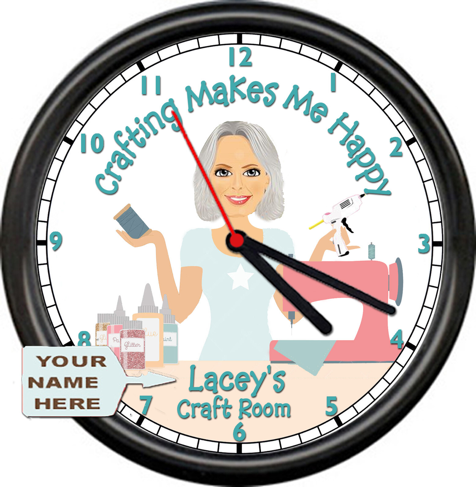 Personalized Crafting Makes Me Happy Sewing Quilting Room Mature Sign Wall Clock