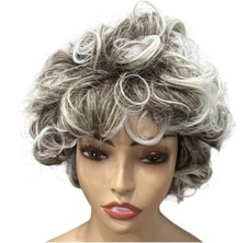 Costume Curly Gray Old Lady Mrs Claus Granny Salt Pepper Grandma Wig Women