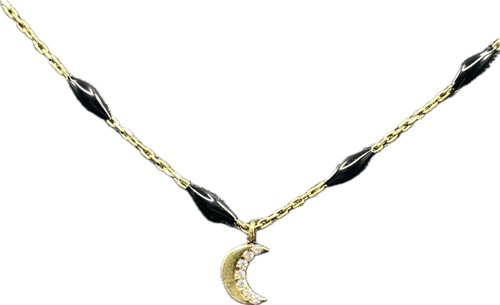 Argento Vivo Sterling Silver 14K Gp Mini Pave Crescent Moon Black Bead Necklace - Picture 5 of 7