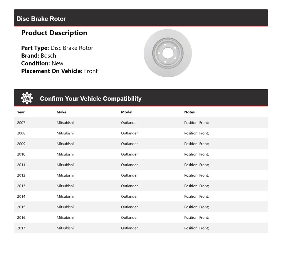 Rotor de freno de disco delantero 2008 para Mitsubishi Outlander Bosch QuietCast 2007-2017 Foto 2 de 4