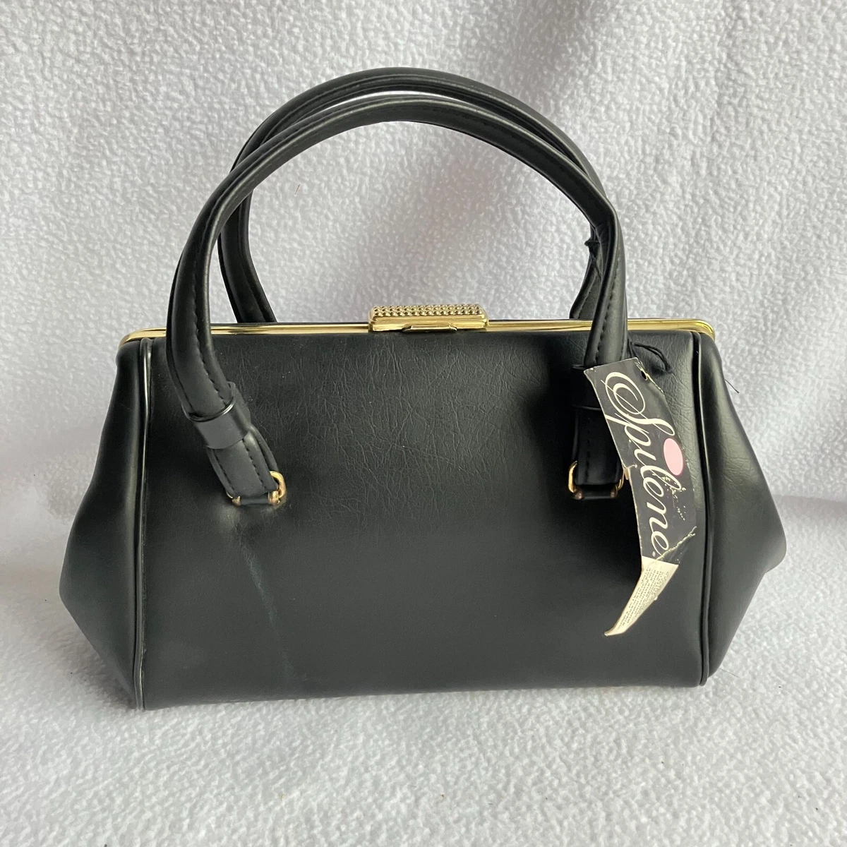 Vintage 1960s Spilene Black Leather Double Handle Handbag Purse NOS NWT