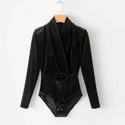 Damen V-Ausschnitt Wickel Slim Samt Body Leotard Catsuit Langarm Schwarz S M L - Bild 1 von 4