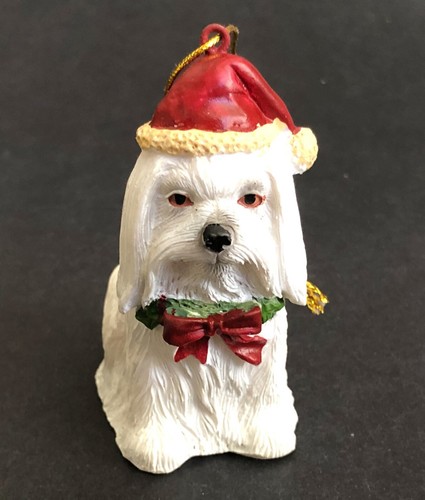Maltese Dog Christmas Ornament Luv A Pet 2010 Pets Mart Santa Hat Holly Bow