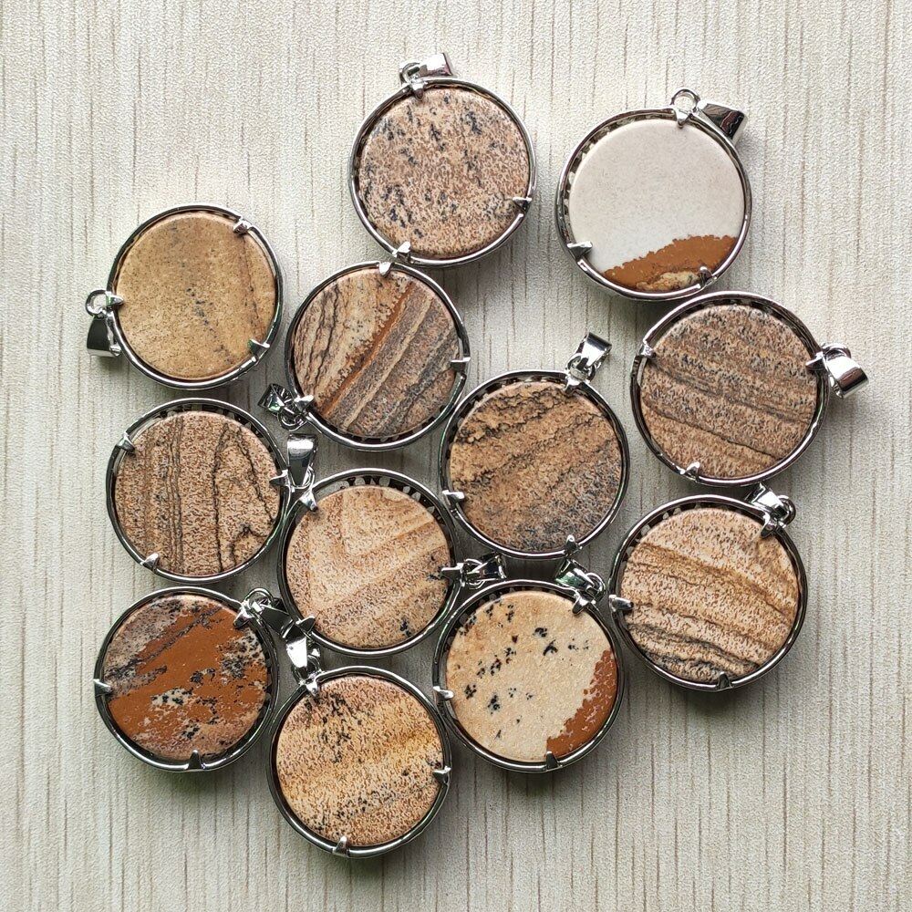 Wholesale 12pcs Natural Picture Stone Alloy Tree of Life Pendants