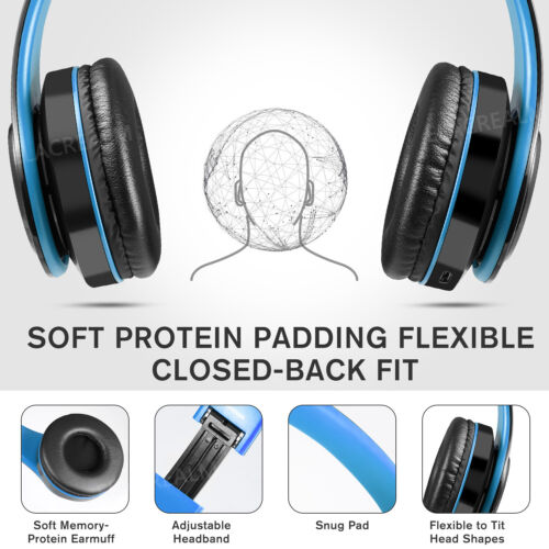 Blue Wireless Bluetooth Foldable Headphones Over Ear Hi-Fi Stereo Headset PC TV - Picture 7 of 12