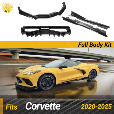 Fit Chevrolet Corvette C8 20-25 Black Full Set Front Lip Side Skirt RearDiffuser