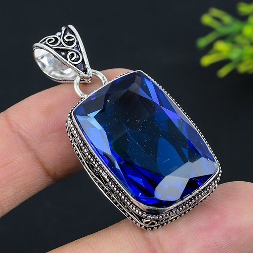 Pendentif En Argent Sterling 925 Avec Topaze Bleue De Londres Naturelle - 5 Pierres - Fait Main En Inde