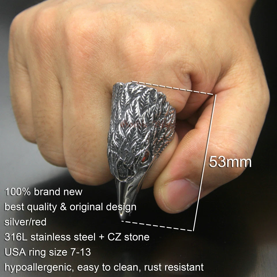 Anillo de hombre enorme águila halcón ojos circonita roja 316L acero inoxidable motociclista retro plateado Foto 2 de 4