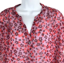 LOGO by Lori Goldstein Blouse Womens M Pink Floral Sheer Split Neck Buttons