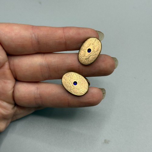 Lot of 3 Pairs Antique Victorian Cufflinks Etched Monogrammed Blue Stone Accents - Picture 6 of 11