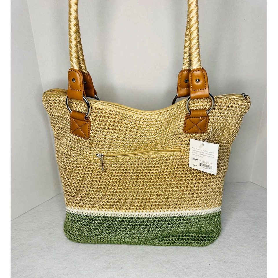 Croft & Barrow Woven Tote Bag, Shoulder Bag, Zip Pocket, Green Beige BNWT - Image 2 of 4