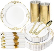 Nervure 350PCS Gold and White Plastic Plates Gold Plastic Dinnerware Sets for 50