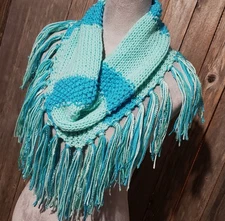 NEW Hand Knitted Infinity Boho Cowl Scarf Fringe Mint Green Turquoise Blue Knit