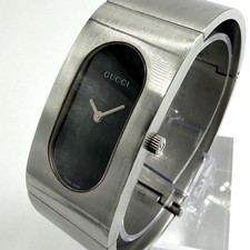 Gucci 2400L Bangle Watch Quartz Silver Black Dial wrist 16cm Steel Case