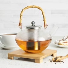 Italy Glass Teapot Kettle with Stainless Steel Tea Infuser and Bamboo Handle