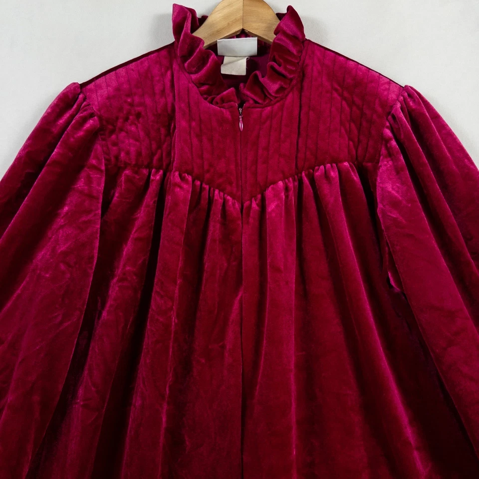 Vintage Gilligan OMalley House Dress One Size Dark Pink Velour Lounger Ruffles - Image 2 of 4